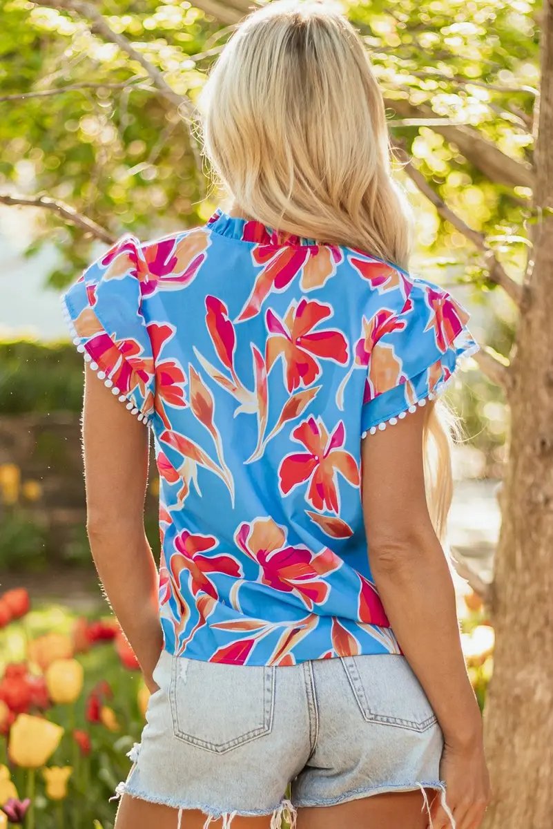 Sky Blue Floral Print V Neck Pompom Trim Flutter Sleeve Blouse - Love Salve